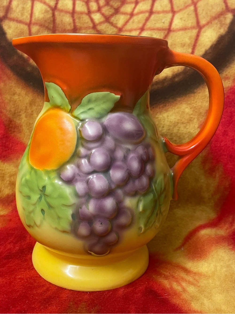 DITMAR URBACH-yellow/orange/purple hand-painted Art Deco fruit ceramic pitcher